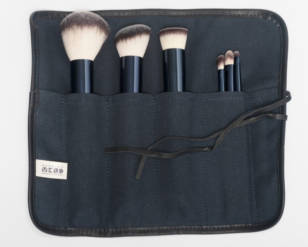 Canvas brush roll for set of 6 makeup brushes for bronzer makeup brush, and setting powders, blusher makeup brush, stipple brush, concealer, smudge and eyeshadow brush.